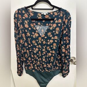 American Eagle Teal Floral Front Clasp Bodysuit, Size L